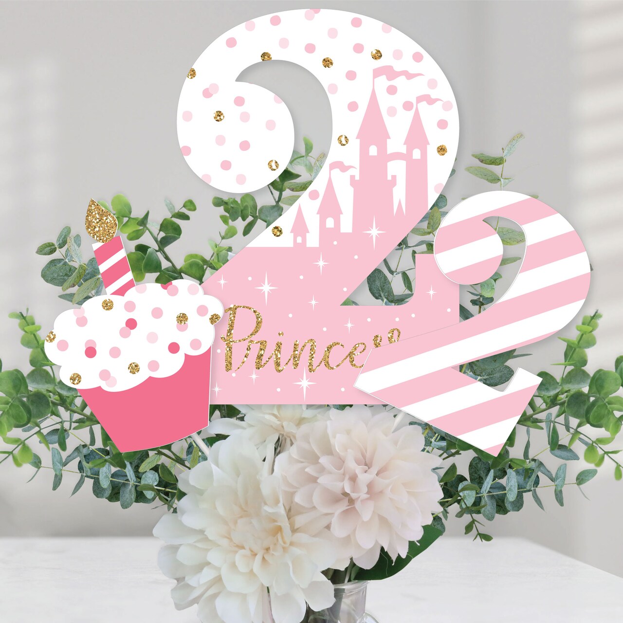 Big Dot of Happiness 2nd Birthday Little Princess Crown - Pink and Gold Princess Second Birthday Party Centerpiece Sticks - Table Toppers - Set of 15